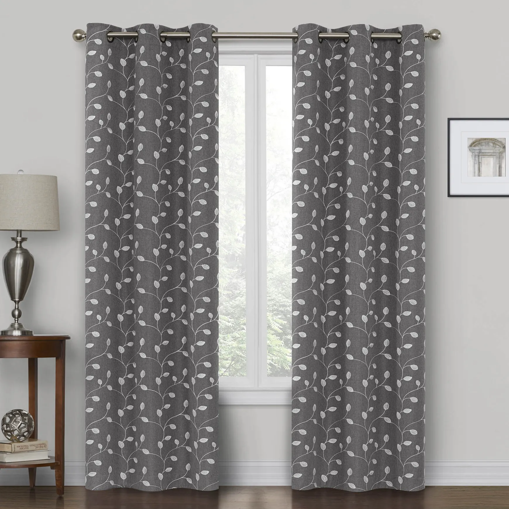 Clearance Sale Rockwell Grey Embroidered Blackout Grommet Curtain Panel, 84