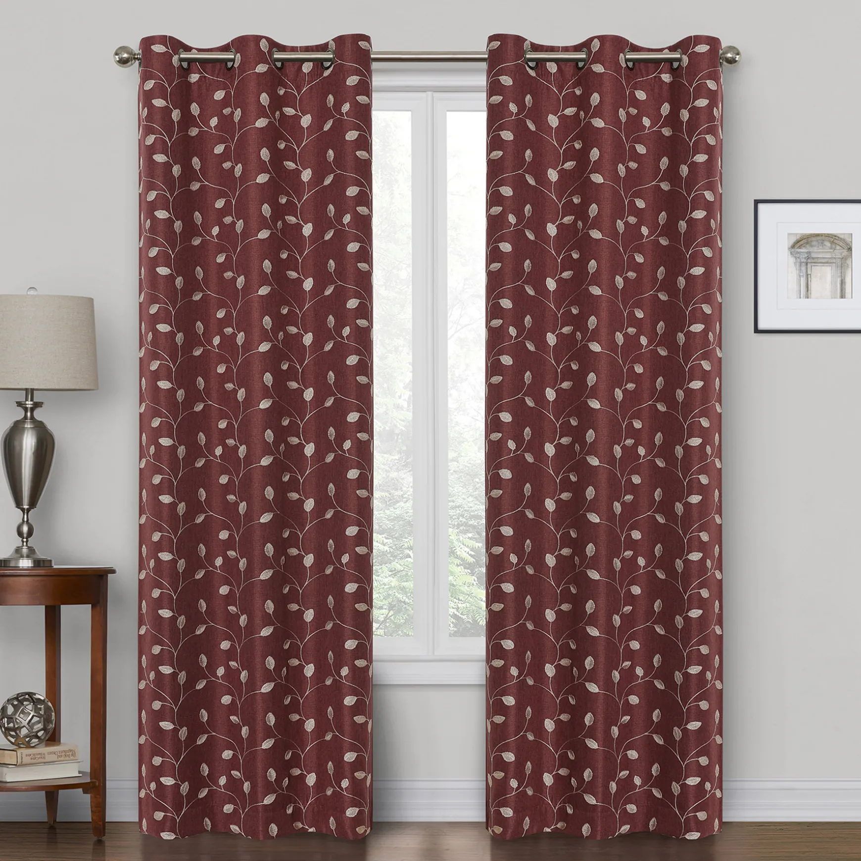Premium Rockwell Burgundy Embroidered Blackout Grommet Curtain Panel, 84